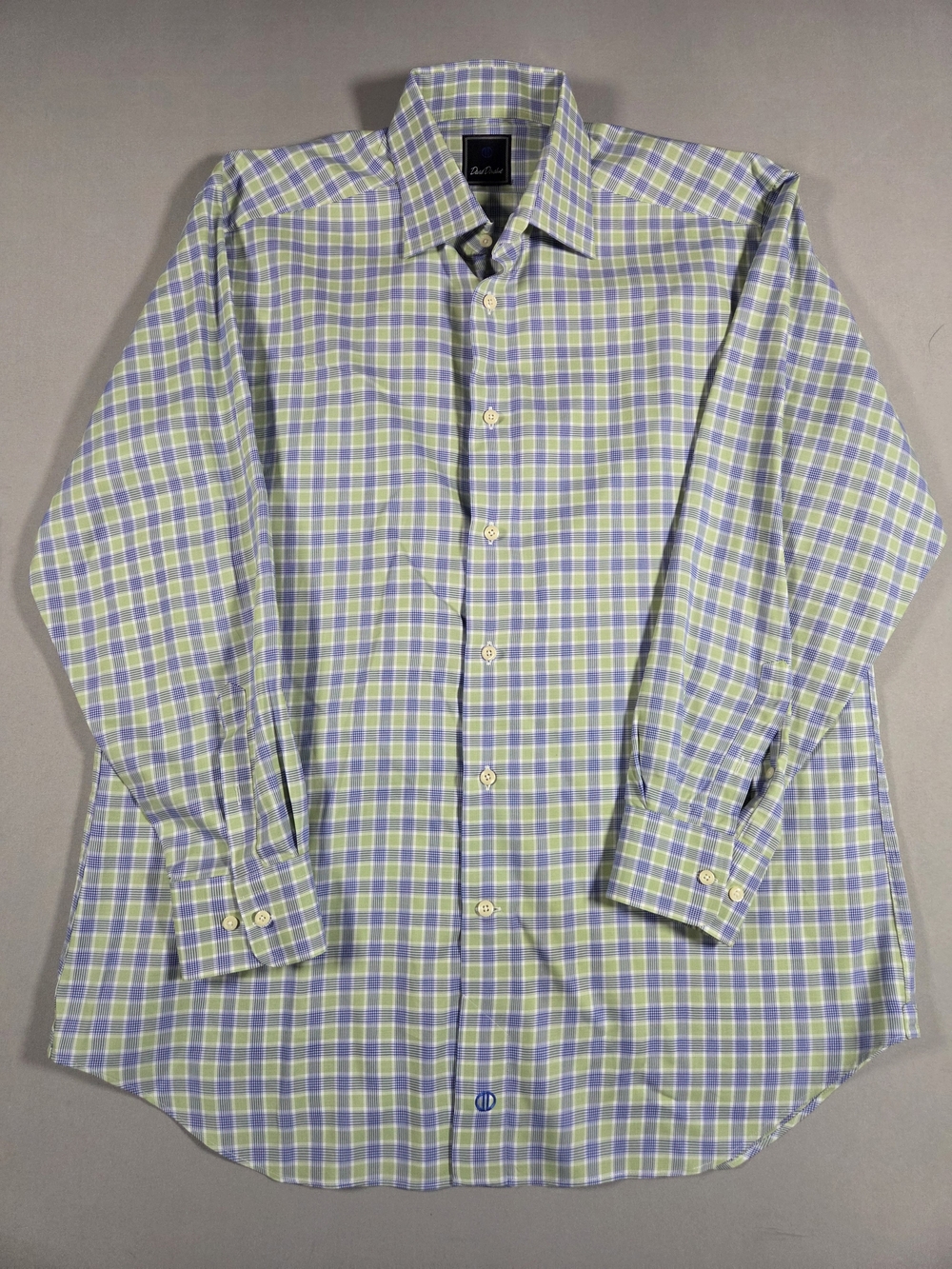David Donahue Men's Check Button-Down Shirt Light Blue and Green Size 16 32/33